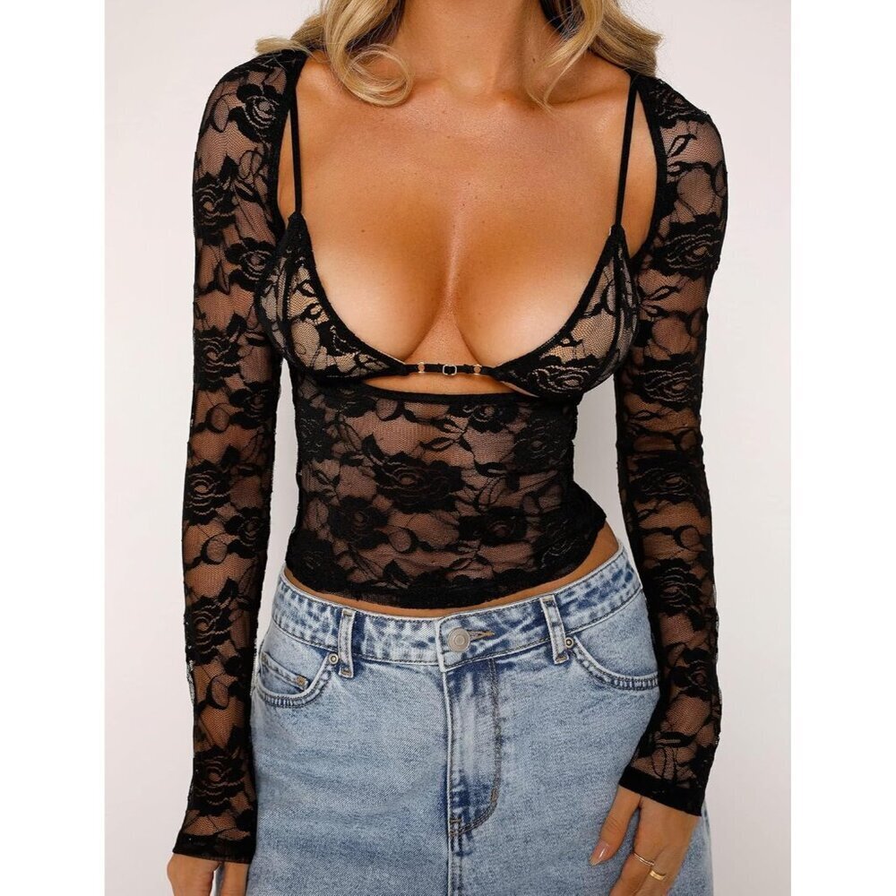 Women Y2K Lace Long Sleeve Top Mesh Sheer Crop Top Fairy Grunge Festival - Picture 3 of 7